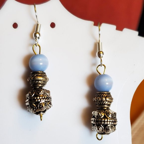 Silver Tone Hook Metal and Cat's Eye Bead Earrings - Picture 1 of 3